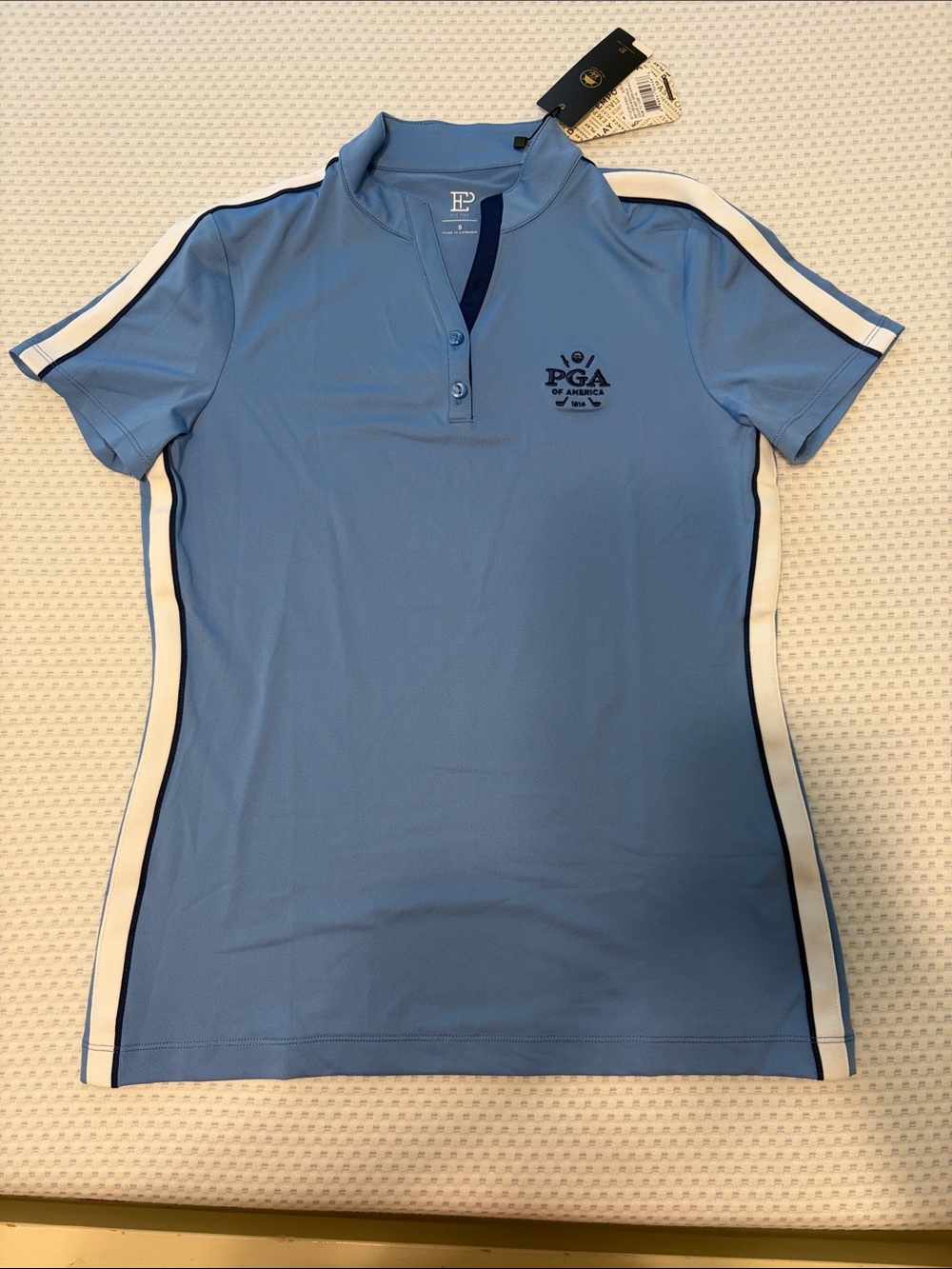 Fairway & Greene Light Blue PGA Golf Polo with White & Navy Stripes